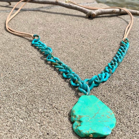 Barse Double Leather Strand Turquoise Resin Link Turquoise Magnesite Necklace - Picture 3 of 5